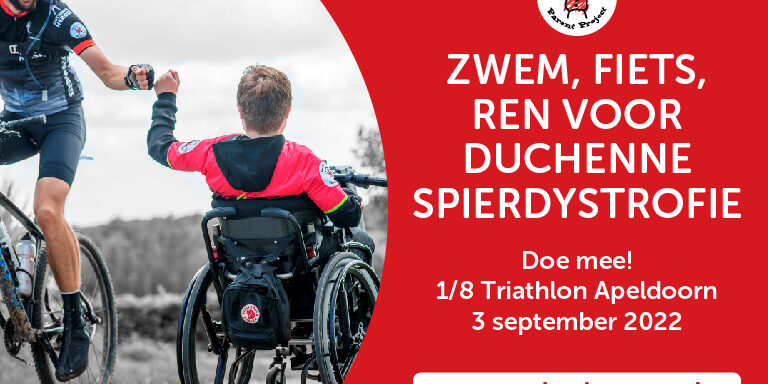 poster met links foto boks fietser en rolstoeler - rechts tekst zwem fiets ren voor duchenne