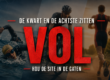 tekst: De kwart en de achtste zitten - VOL - hou de site in de gaten. Achtergrond: een zwemmer, fietser en loper vaag zichtbaar