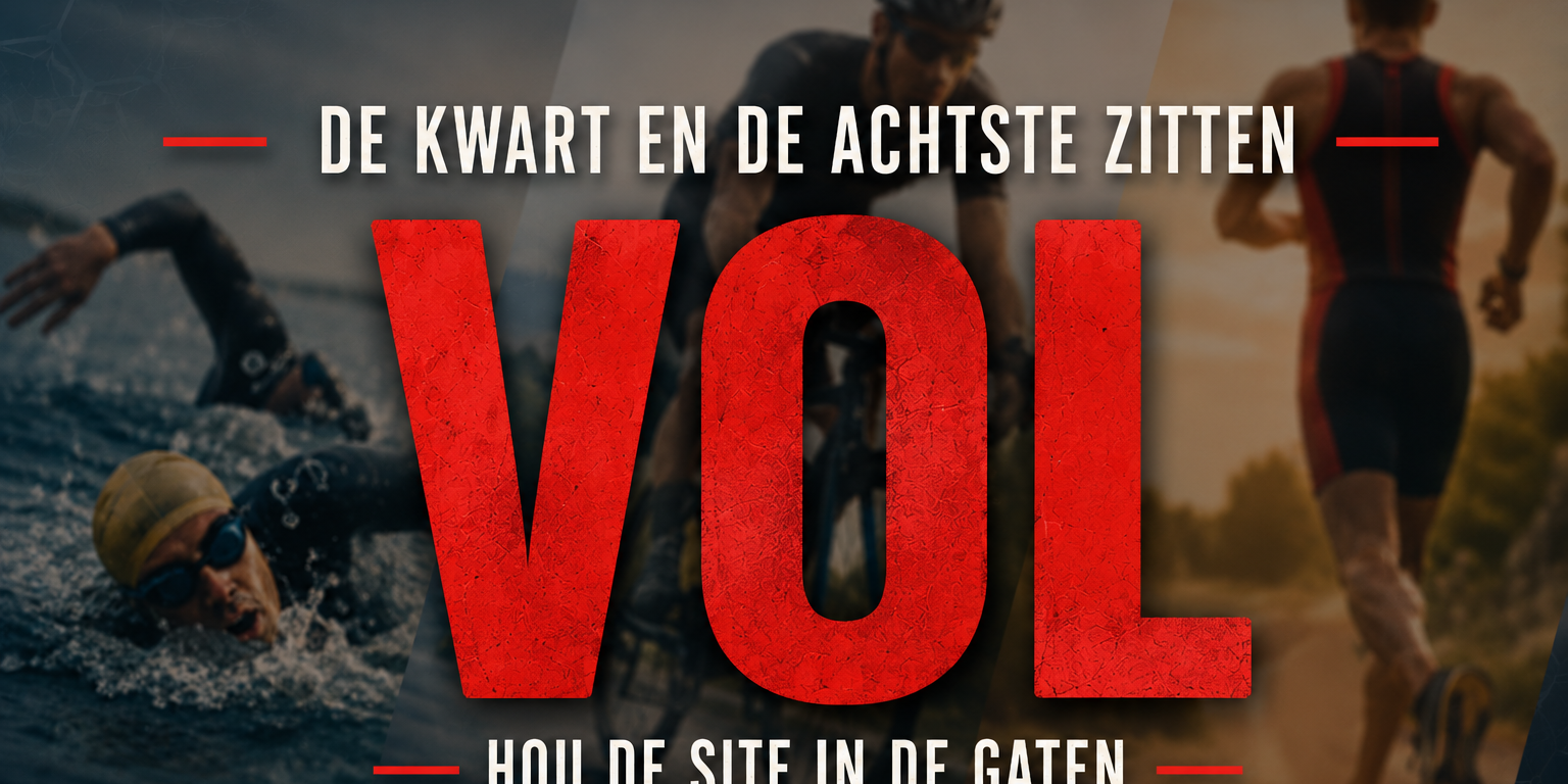 VOL_hou de site in de gaten_AI gegenereerde afbeelding tekst: De kwart en de achtste zitten - VOL - hou de site in de gaten. Achtergrond: een zwemmer, fietser en loper vaag zichtbaar