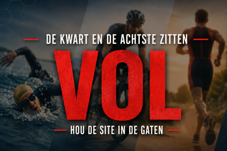 tekst: De kwart en de achtste zitten - VOL - hou de site in de gaten. Achtergrond: een zwemmer, fietser en loper vaag zichtbaar